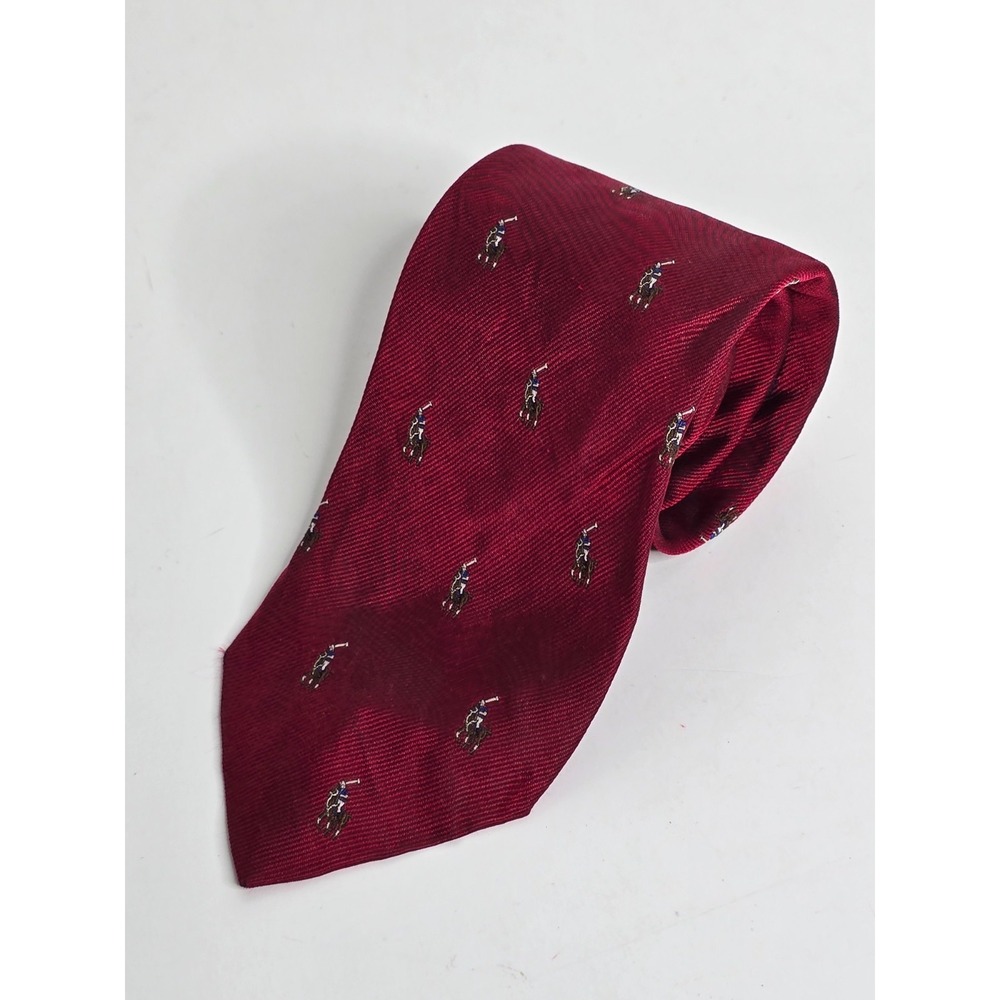 Polo Ralph‎ Lauren Tie Red Horse Jockey Woven Vintage Equestrian Necktie Silk